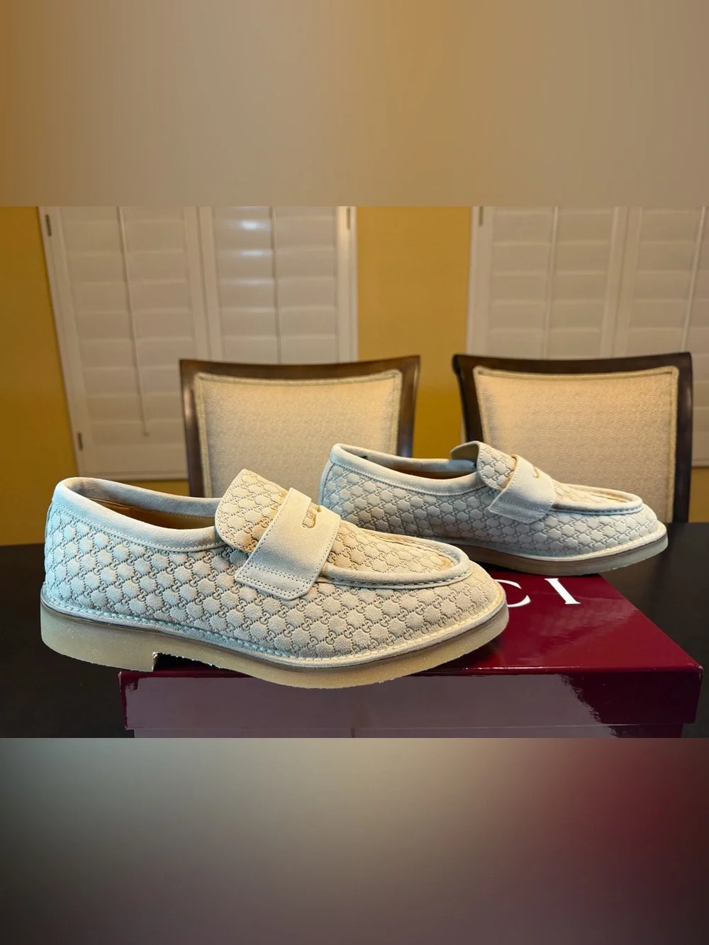 New Authentic Gucci GG Logo Suede Loafers Cream UK 11.5 / US 12
